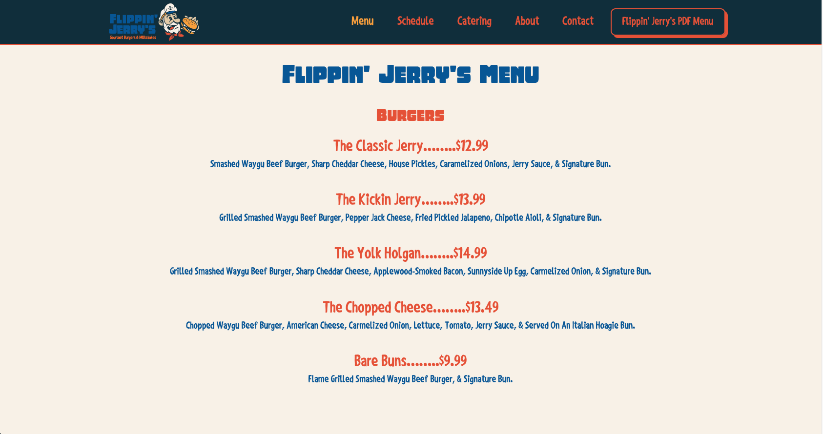 Flippin Jerrys Menu Page Example